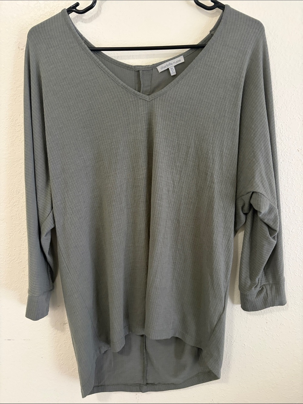 Charlotte Russe Sage Green Ribbed V-Neck Long Sleeve Top
